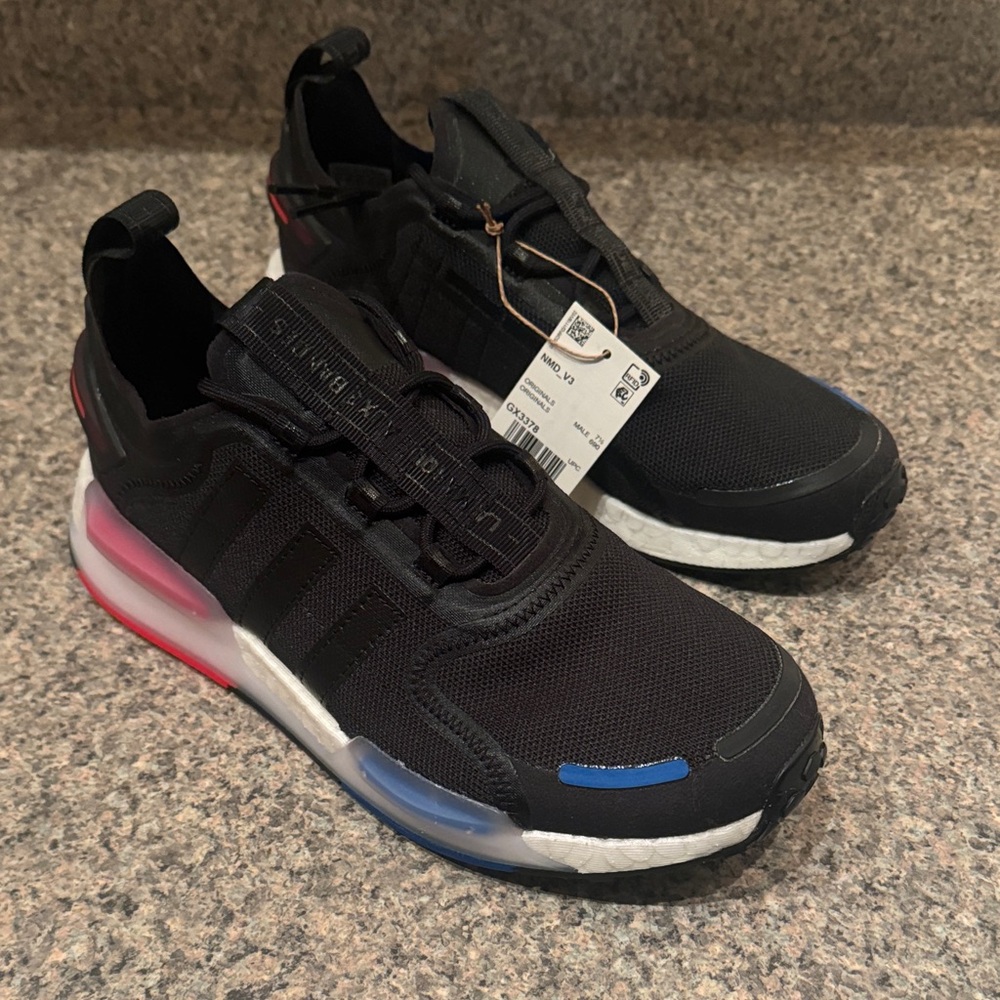 Adidas Men's NMD R1 V3 Black Sneakers with Red and Blue Highlights EU41/US8